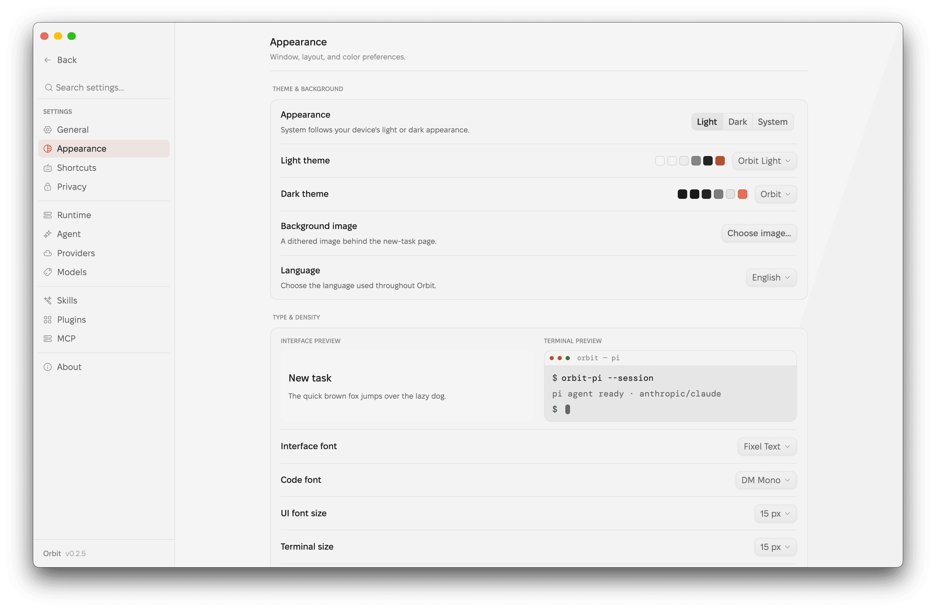 Orbit's Appearance settings with theme choices above interface font, code font, and size controls.