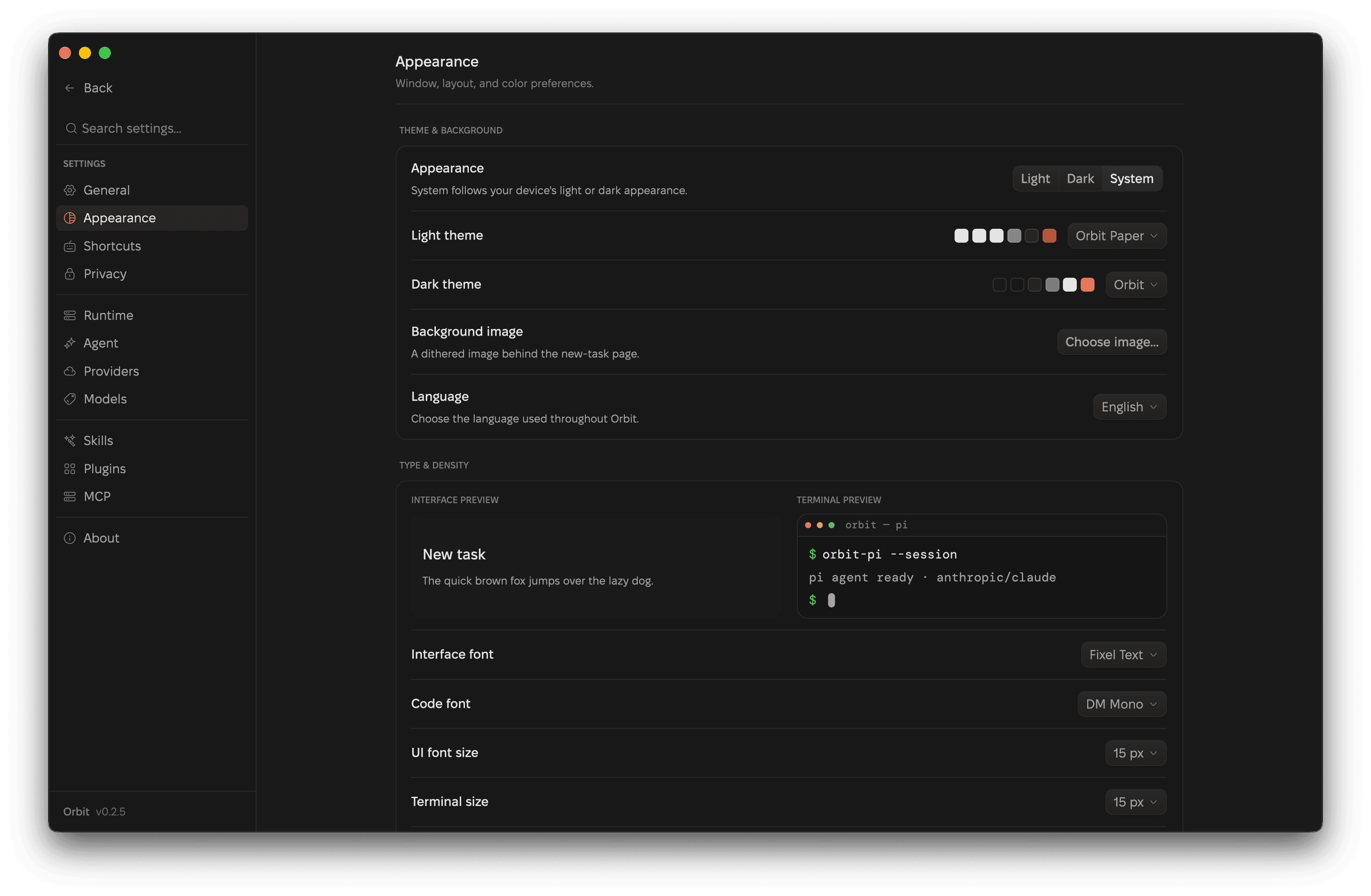 Orbit's Appearance settings with theme choices above interface font, code font, and size controls.
