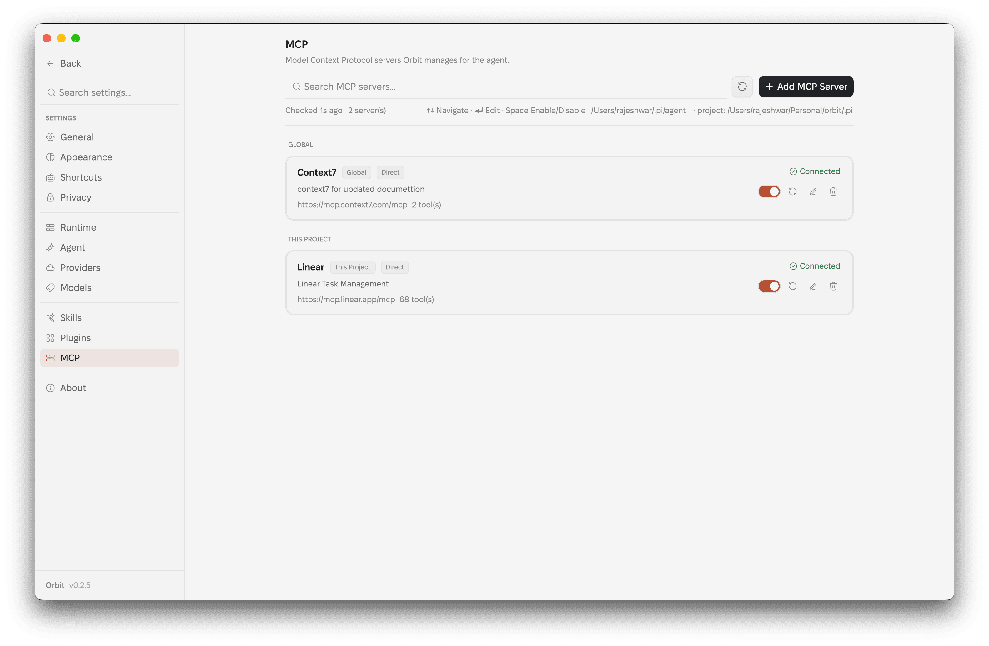 Orbit's MCP page listing global and project MCP servers with connection status and enable toggles.