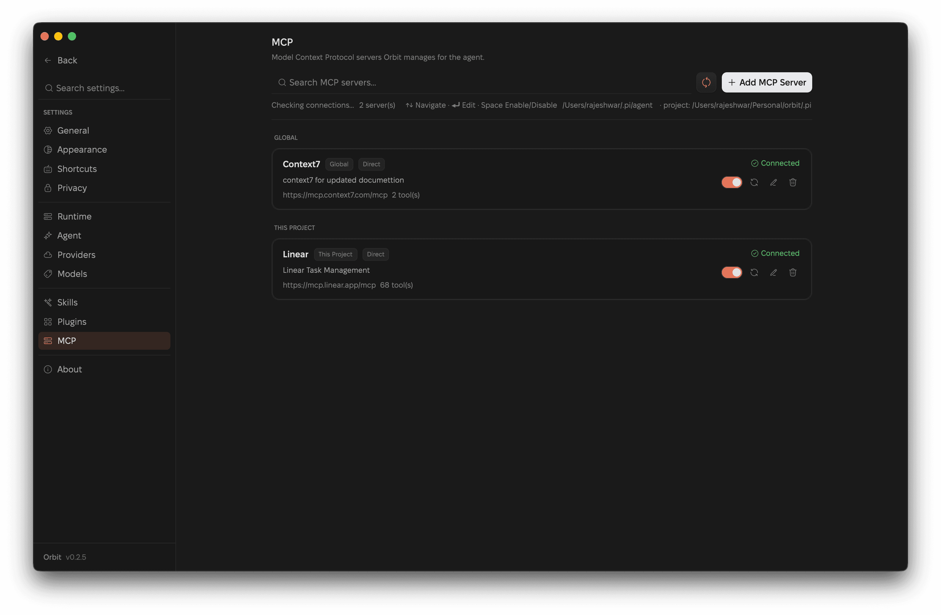 Orbit's MCP page listing global and project MCP servers with connection status and enable toggles.