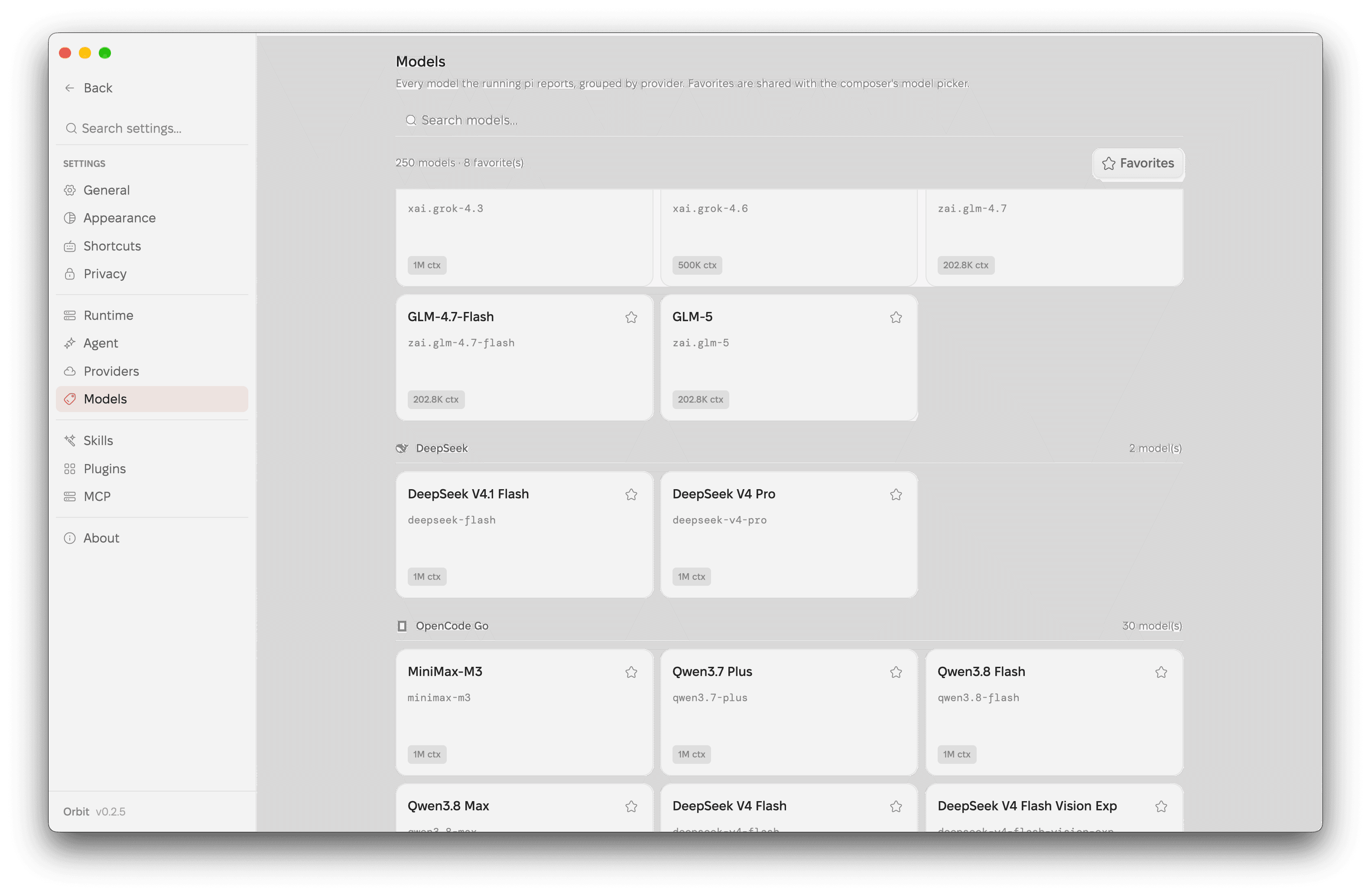 Orbit's Models page listing models grouped by provider with context sizes and favorite toggles.