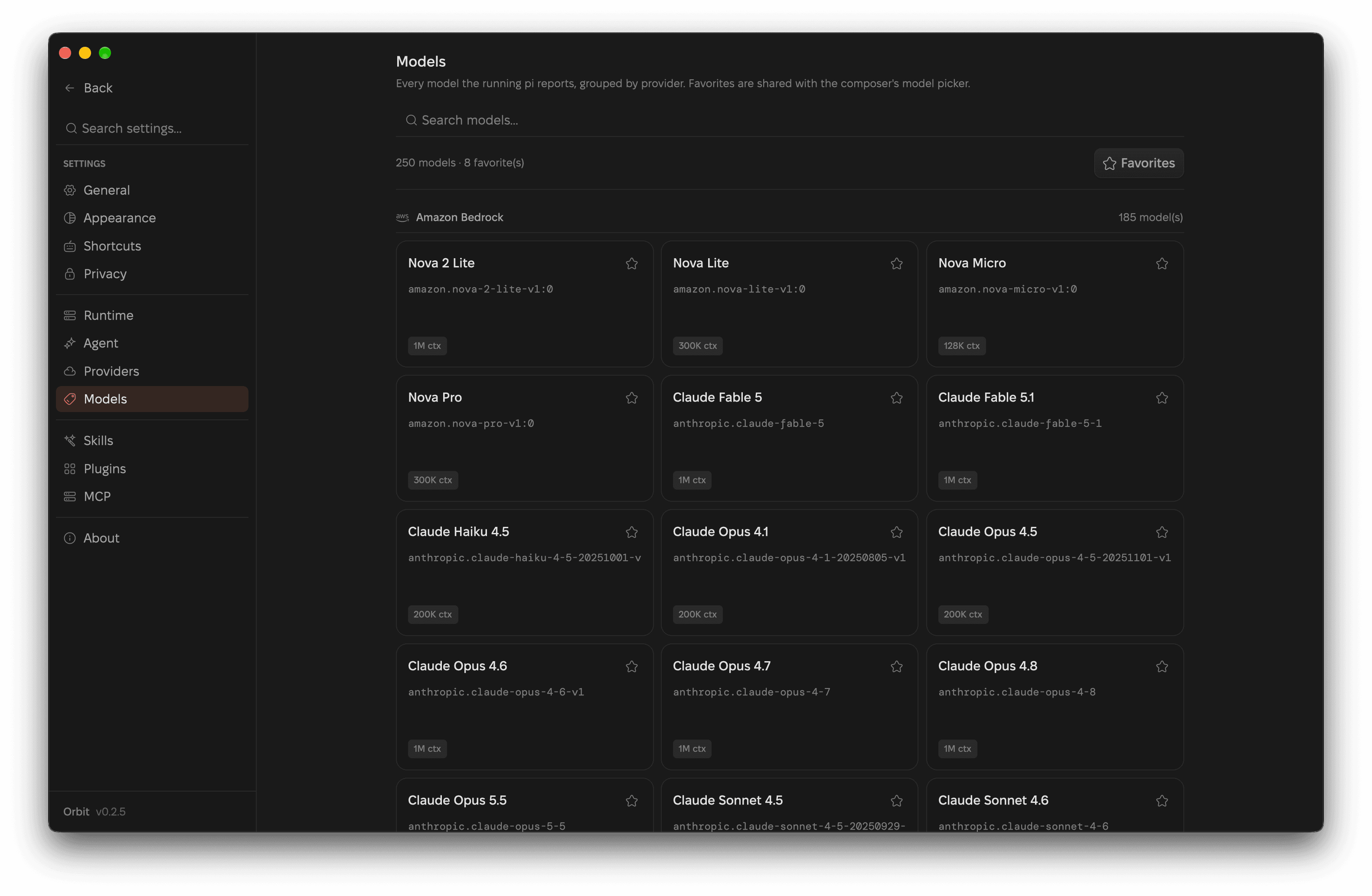 Orbit's Models page listing models grouped by provider with context sizes and favorite toggles.