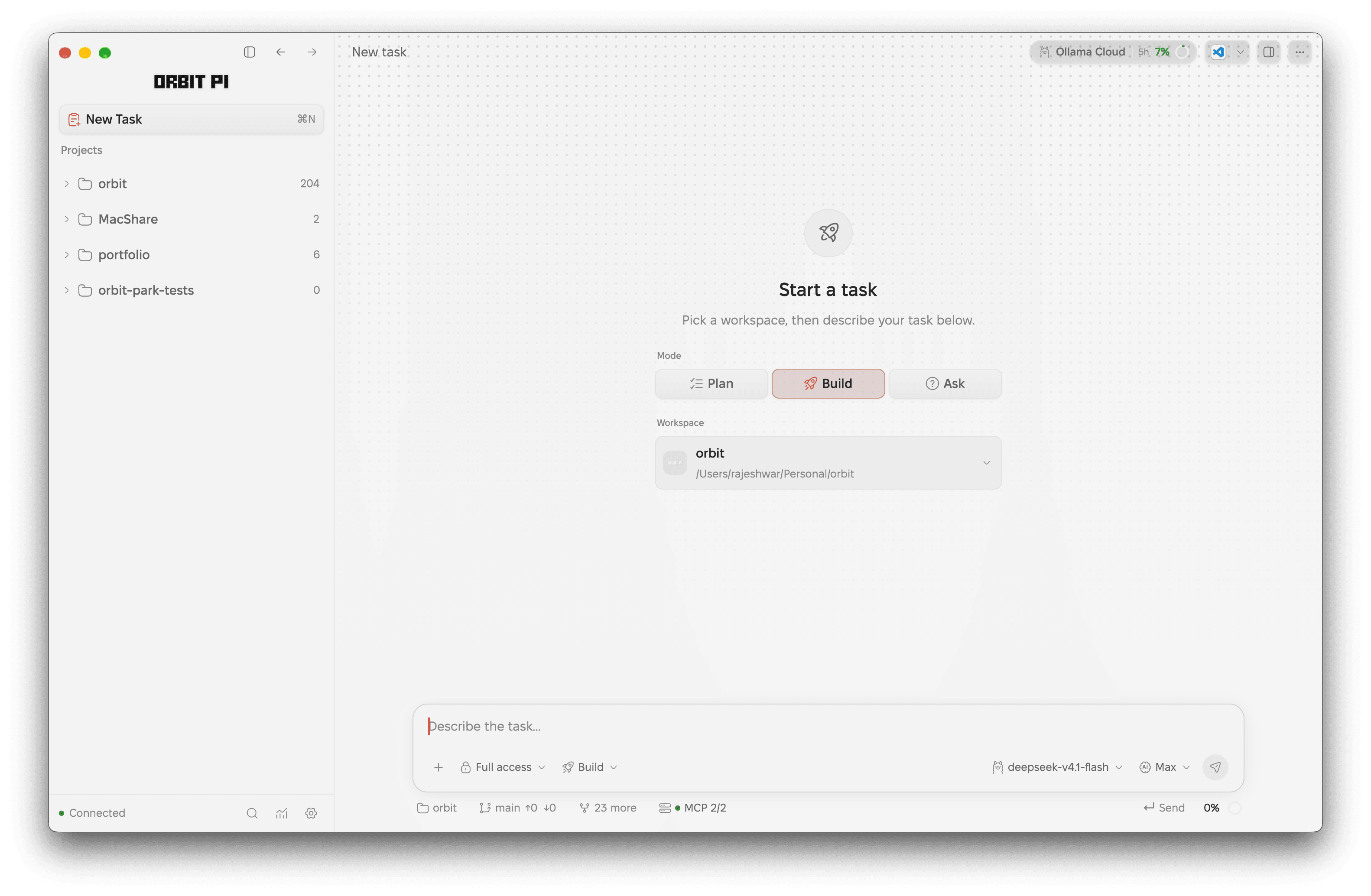 Orbit's New Task page with Plan, Build, and Ask mode toggles, a workspace picker, and the composer below.