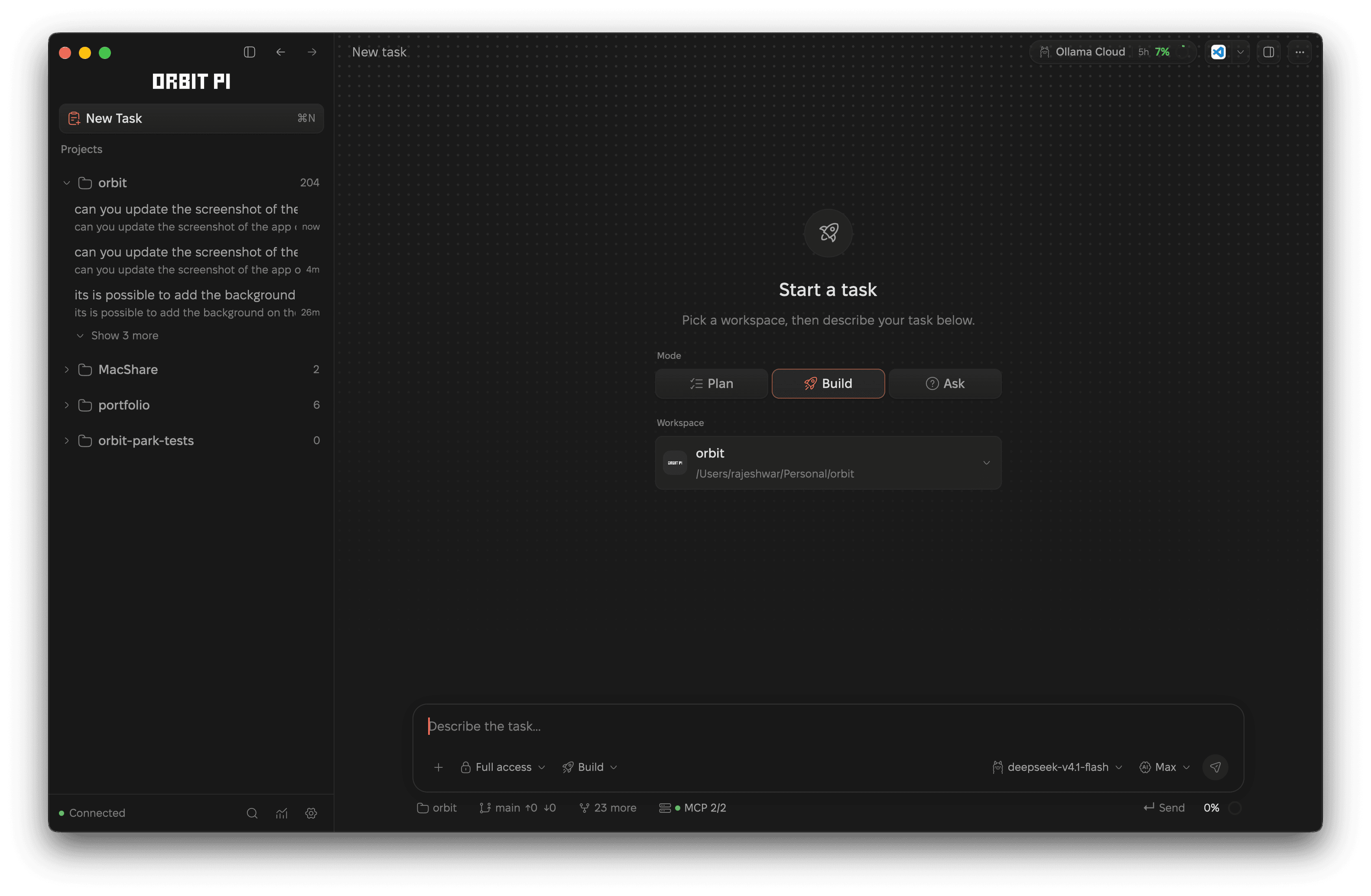 Orbit's New Task page with Plan, Build, and Ask mode toggles, a workspace picker, and the composer below.
