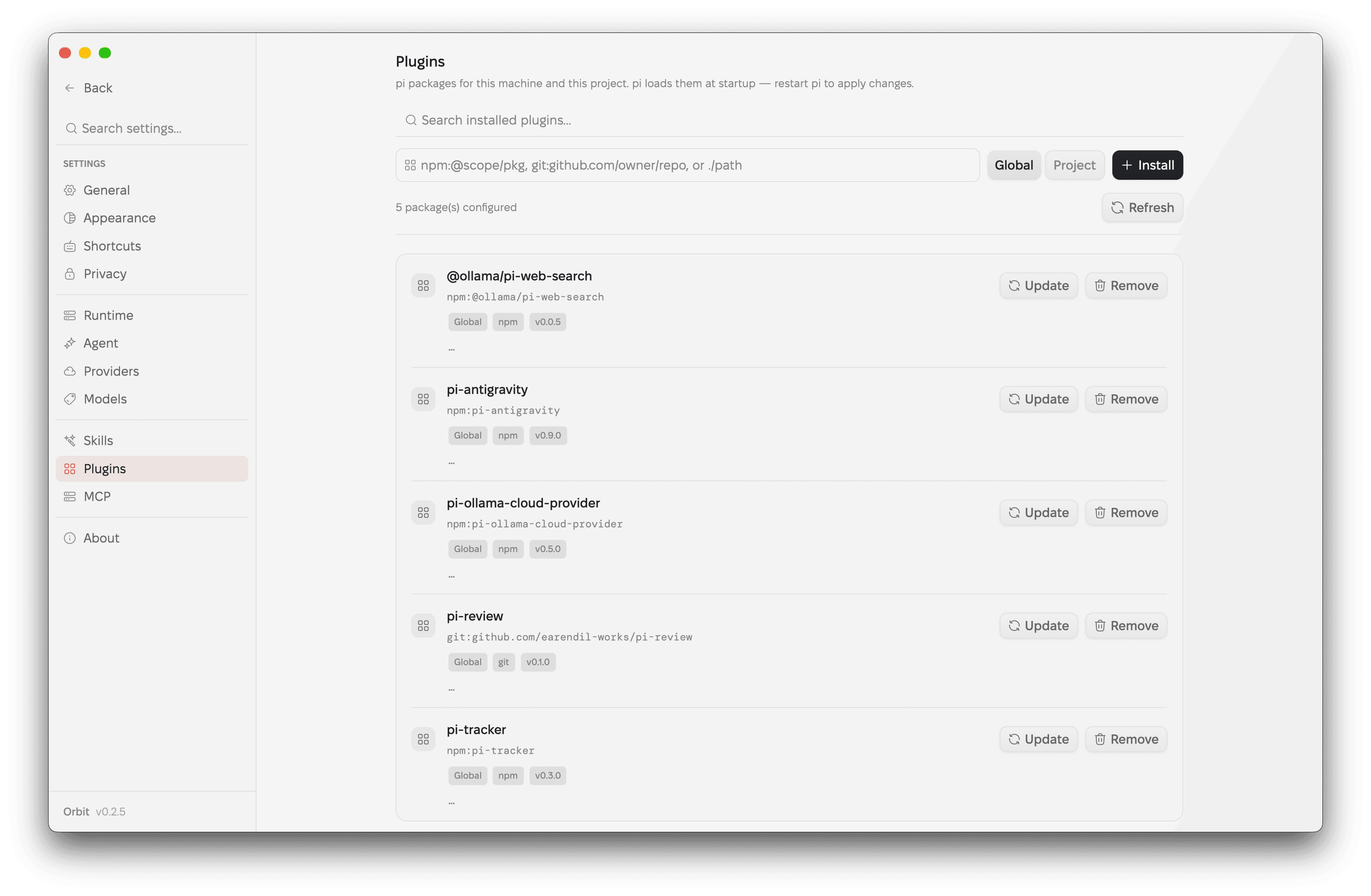 Orbit's Plugins page listing installed pi packages with an install field above and update and remove actions per package.