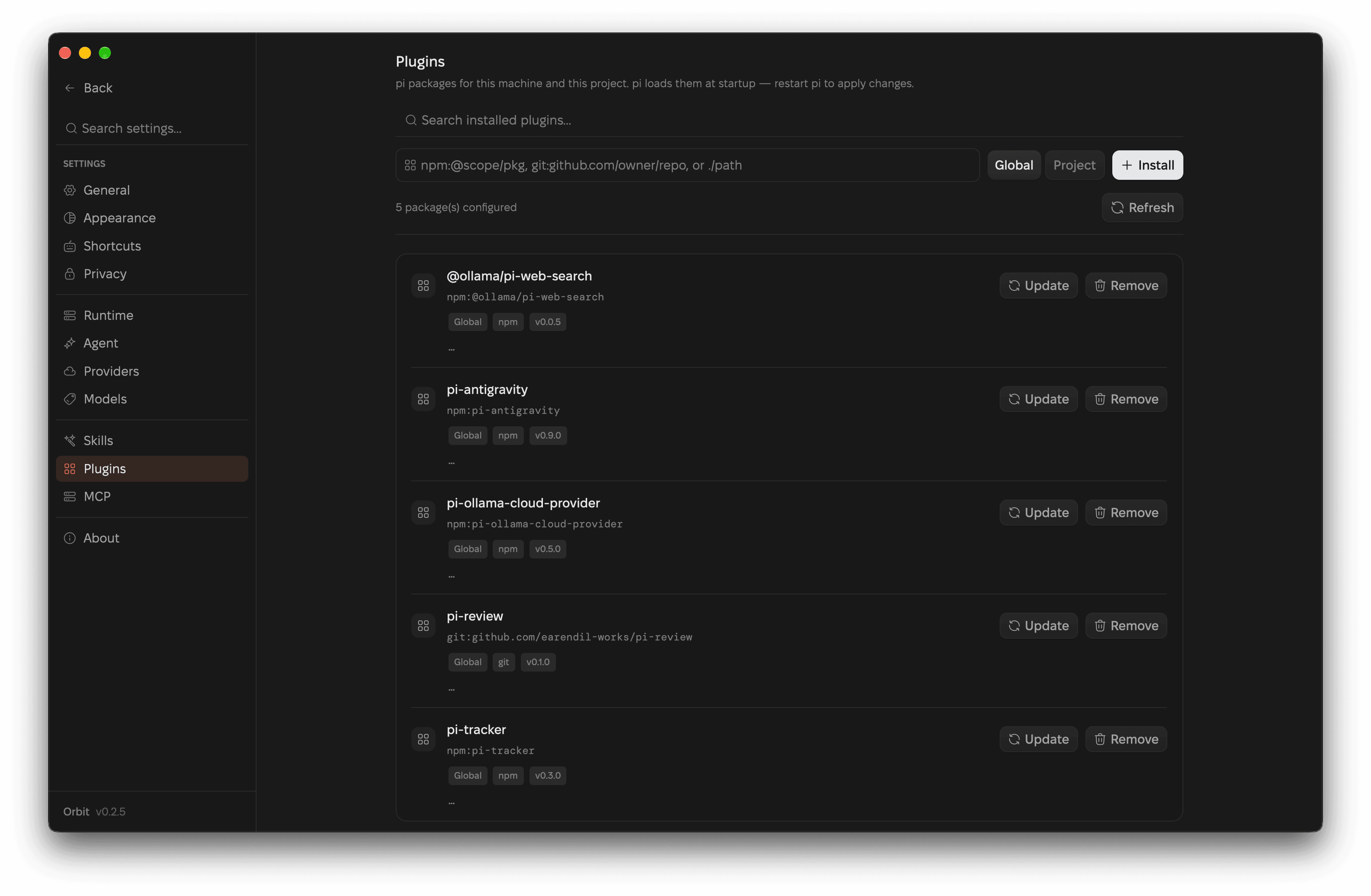 Orbit's Plugins page listing installed pi packages with an install field above and update and remove actions per package.