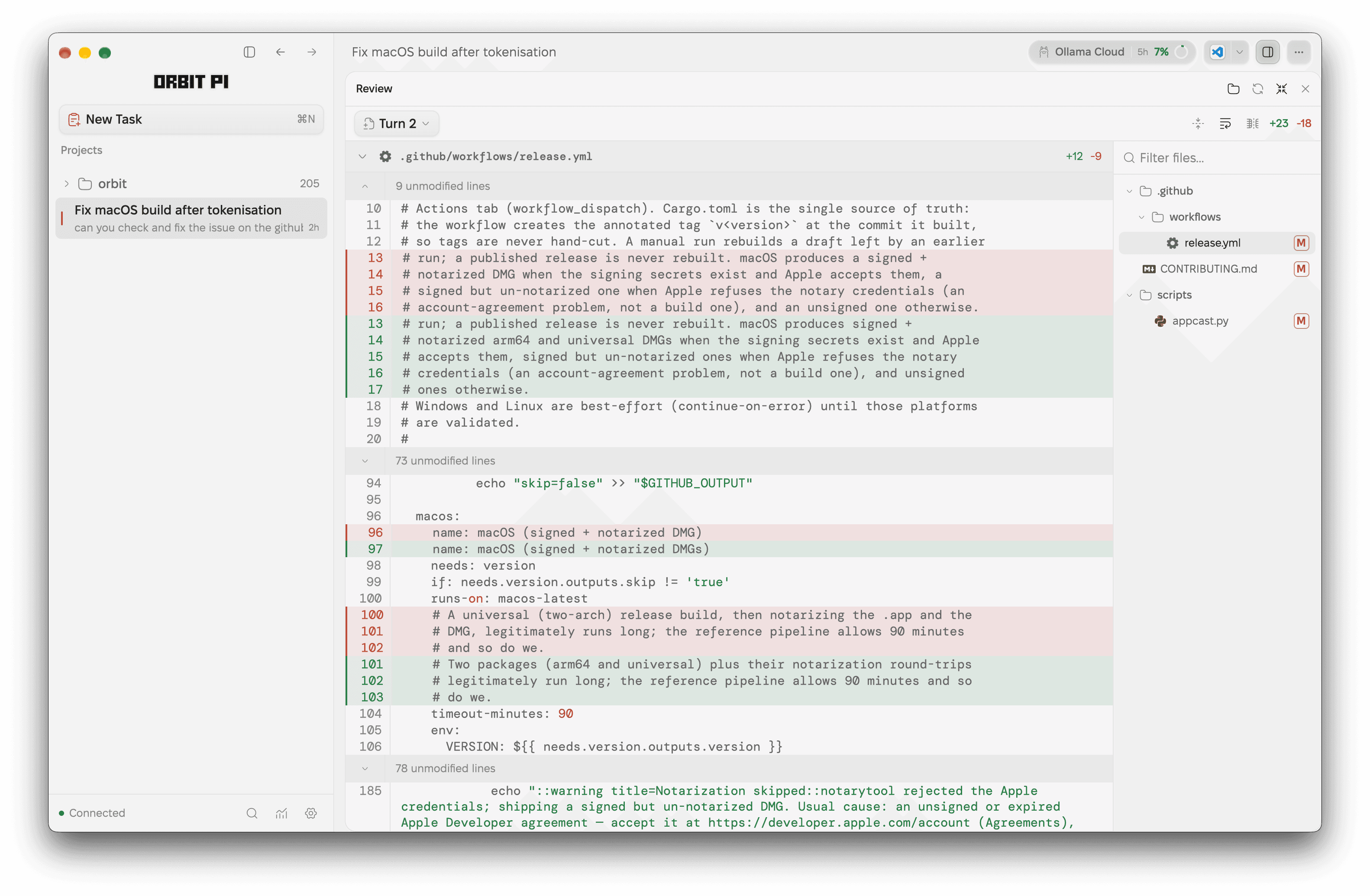 The Orbit Review panel open beside a session, showing a selected file's inline diff on the left and the changed-file tree on the right.