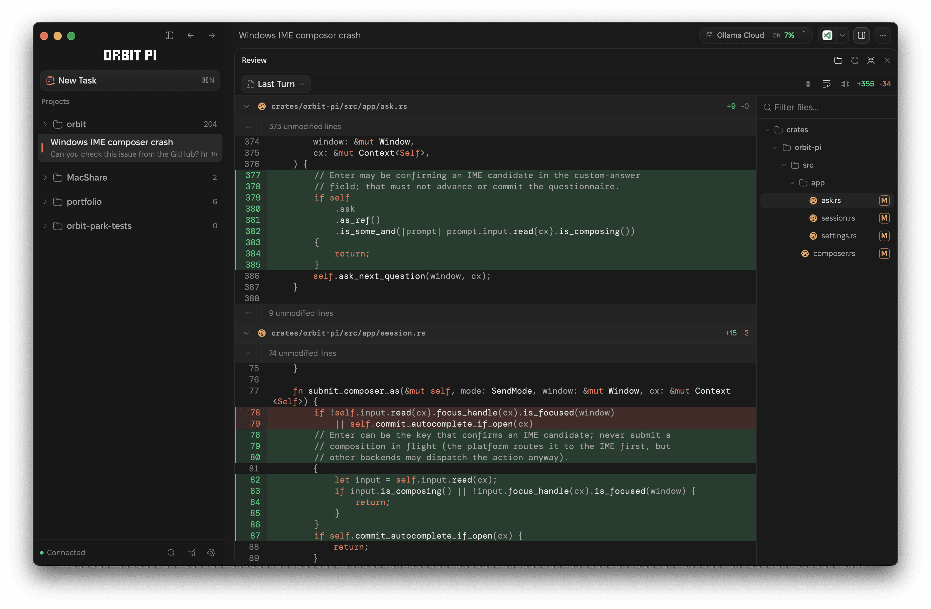 The Orbit Review panel open beside a session, showing a selected file's inline diff on the left and the changed-file tree on the right.