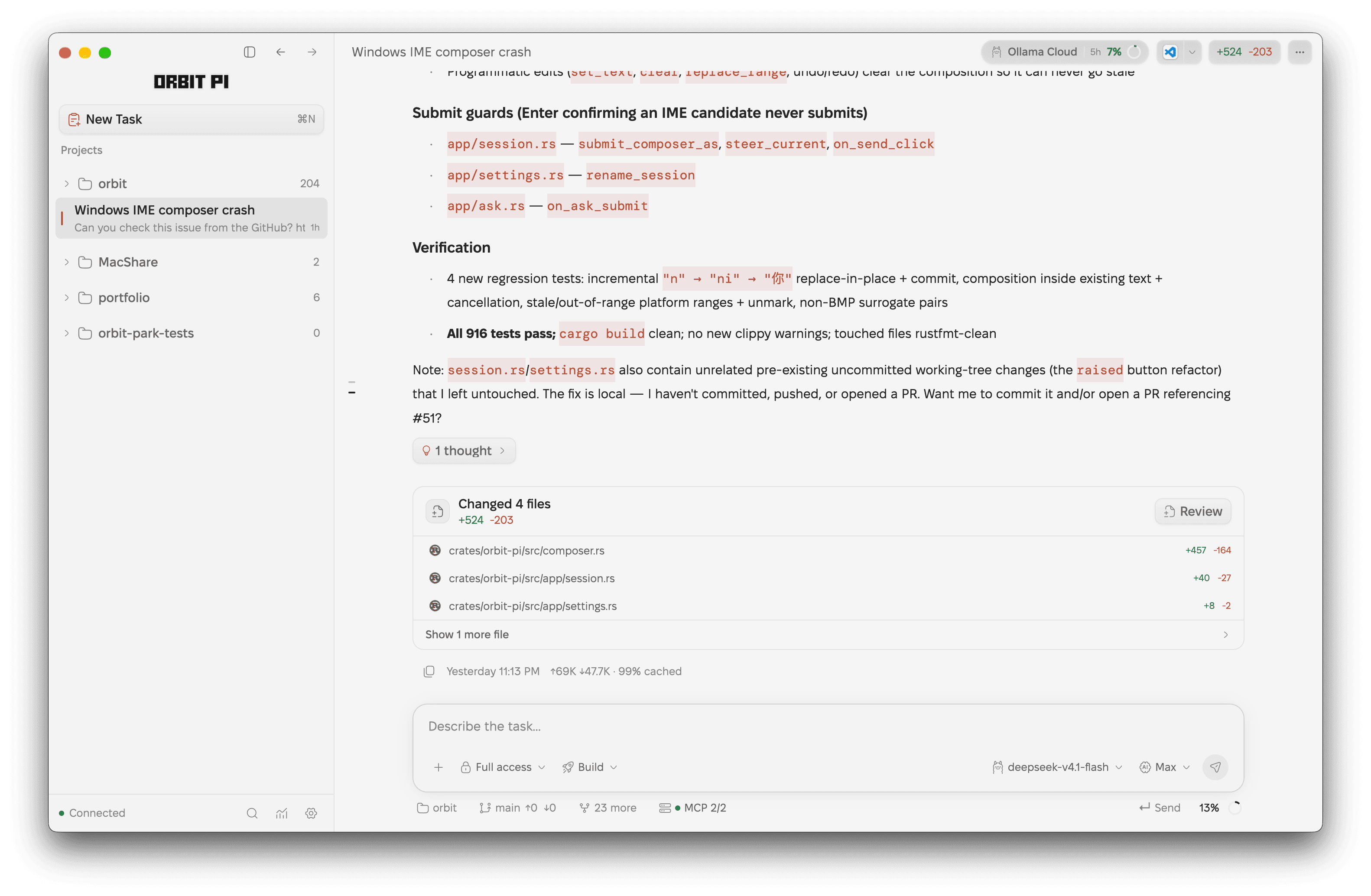 A completed Orbit session: the agent's notes on the Windows IME composer fix and a Changed 4 files card with per-file line counts, above the composer.