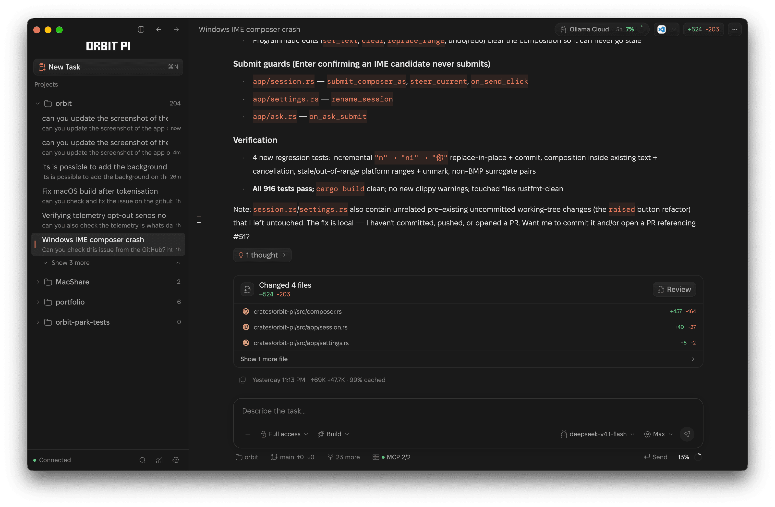 A completed Orbit session: the agent's notes on the Windows IME composer fix and a Changed 4 files card with per-file line counts, above the composer.