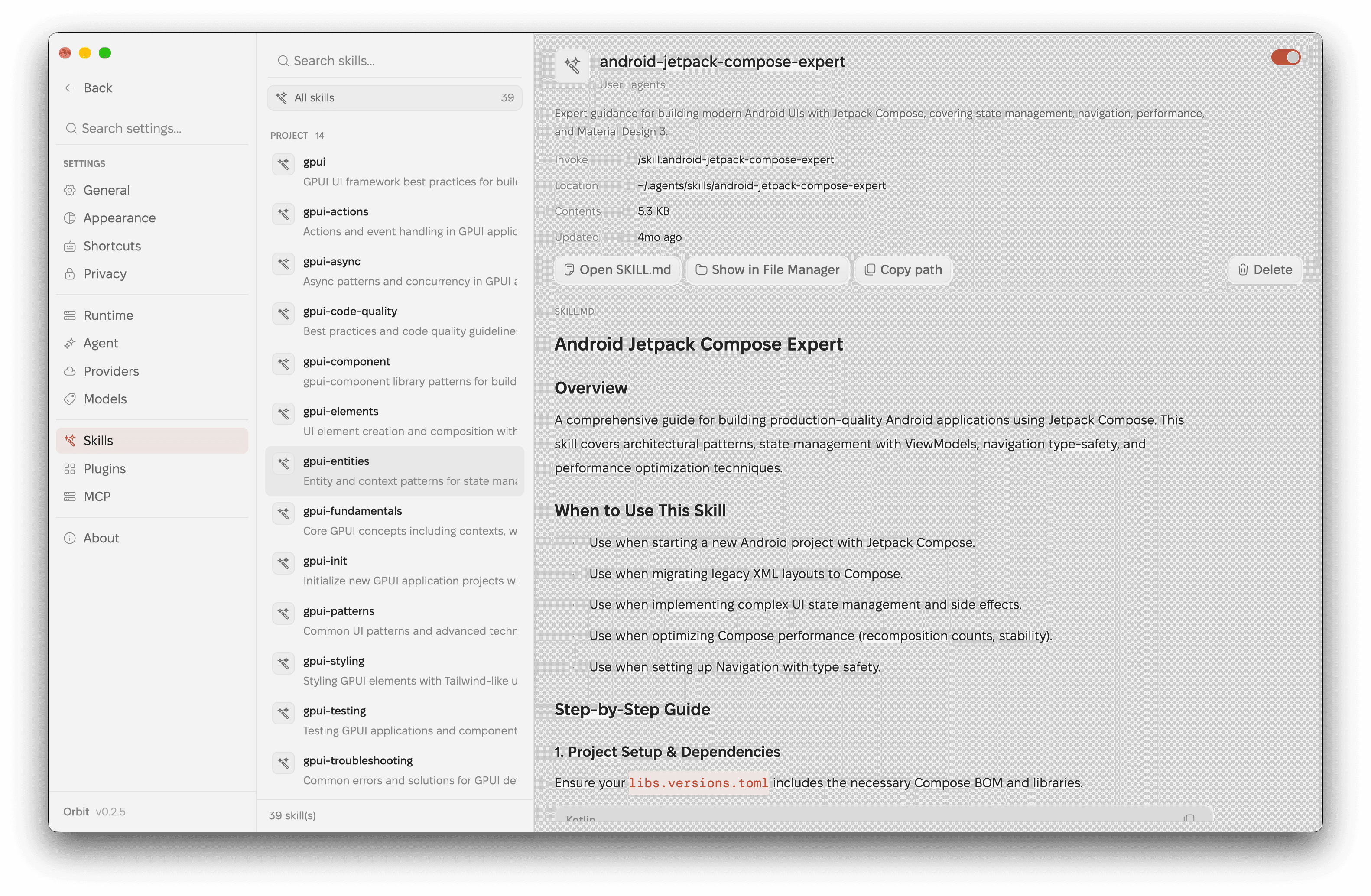 Orbit's Skills page with the skill list on the left and the full SKILL.md of the selected skill on the right.
