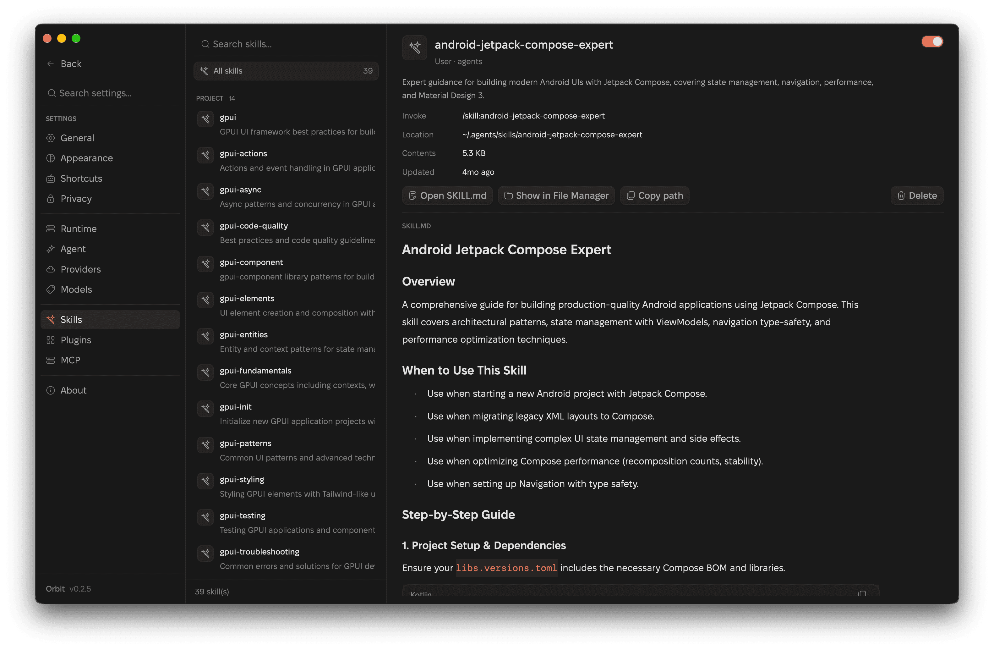 Orbit's Skills page with the skill list on the left and the full SKILL.md of the selected skill on the right.